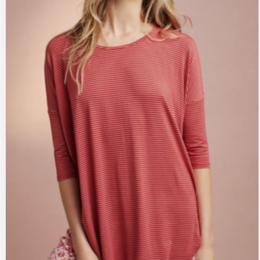 ANTHROPOLOGIE FLOREAT STRIPED RED 3/4 SLEEVE OVERSIZED KNIT TUNIC TEE Sz sm